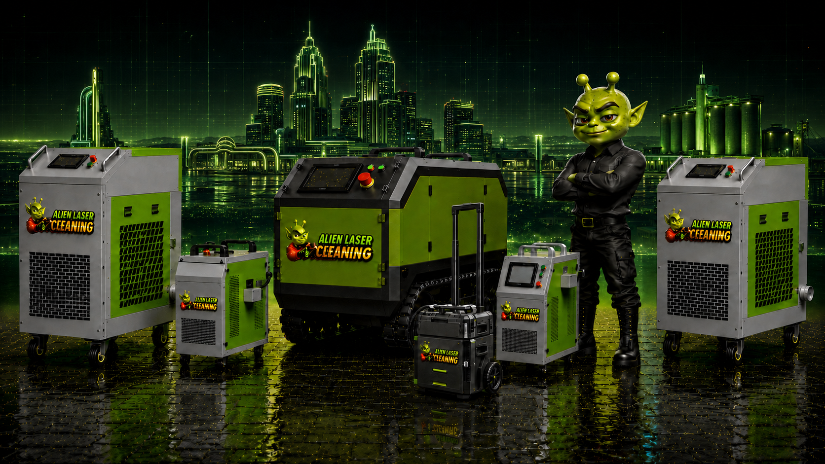 Laser cleaning machines and the Alien Laser Cleaning mascot in front of a futuristic Amarillo skyline
